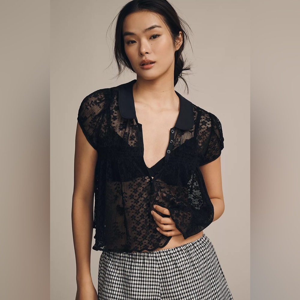 NWT Size S - Maeve Short Sleeve Sheer Lace Babydoll Blouse black (NWT US$ 88) - Picture 3 of 16